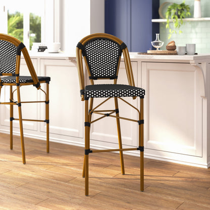 Flash Furniture SDA-AD642001-BS-BKWH-NAT-GG All-Weather Commercial Paris Stool with Bamboo Print Metal Frame-Black/White (Black & White/Natural Frame) - View 5