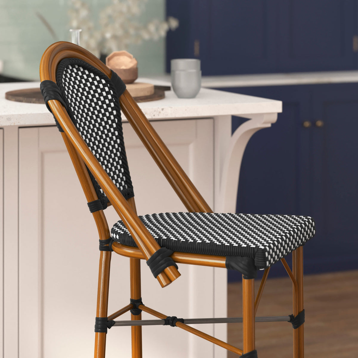 Flash Furniture SDA-AD642001-BS-BKWH-NAT-GG All-Weather Commercial Paris Stool with Bamboo Print Metal Frame-Black/White (Black & White/Natural Frame) - View 6