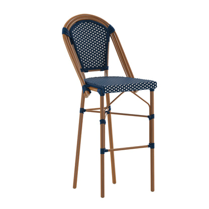 Flash Furniture SDA-AD642001-BS-NVYWH-NAT-GG All-Weather Commercial Paris Stool with Bamboo Print Metal Frame-Navy/White (Navy & White/Natural Frame) - Main view