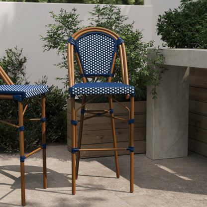 Flash Furniture SDA-AD642001-BS-NVYWH-NAT-GG All-Weather Commercial Paris Stool with Bamboo Print Metal Frame-Navy/White (Navy & White/Natural Frame) - View 2