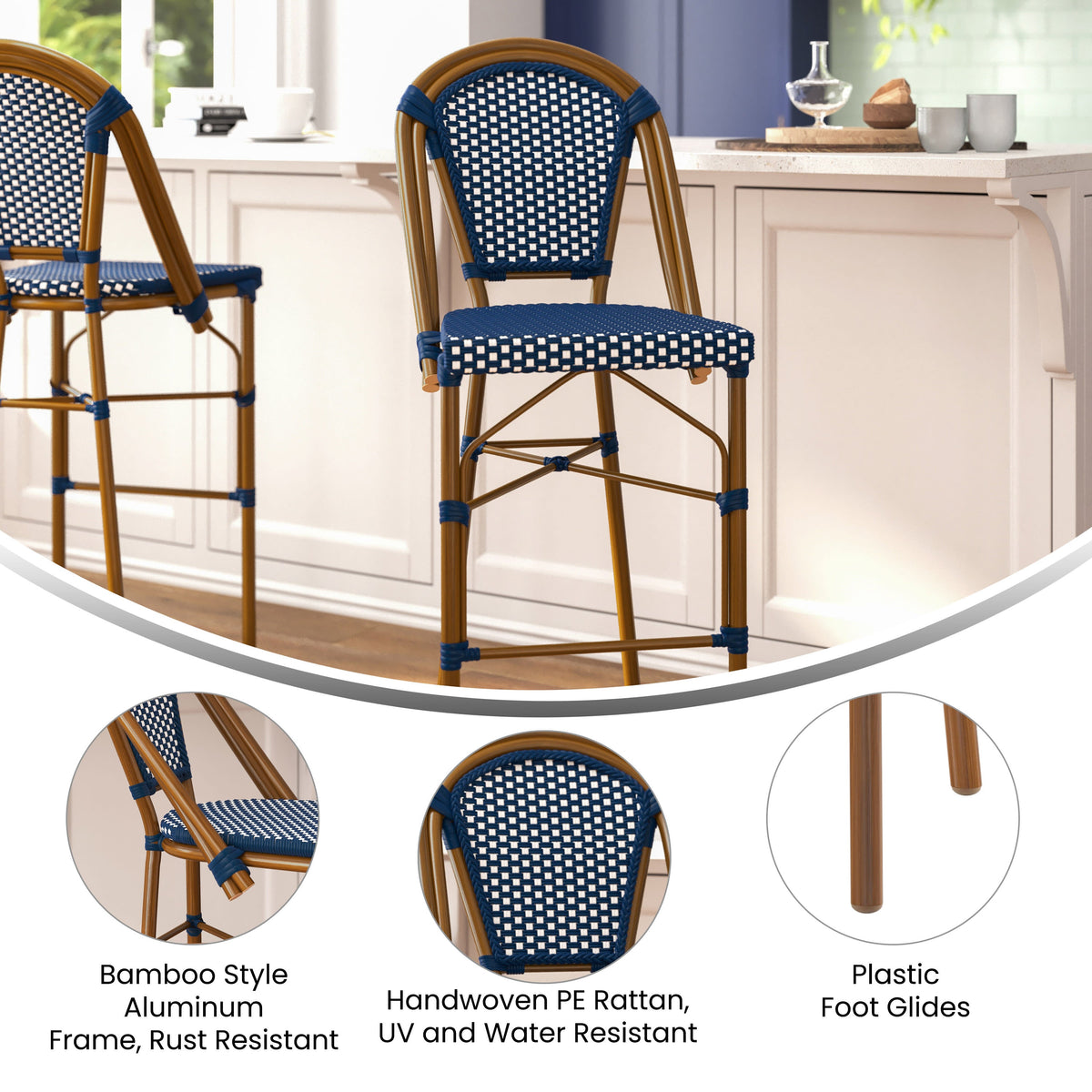 Flash Furniture SDA-AD642001-BS-NVYWH-NAT-GG All-Weather Commercial Paris Stool with Bamboo Print Metal Frame-Navy/White (Navy & White/Natural Frame) - View 3