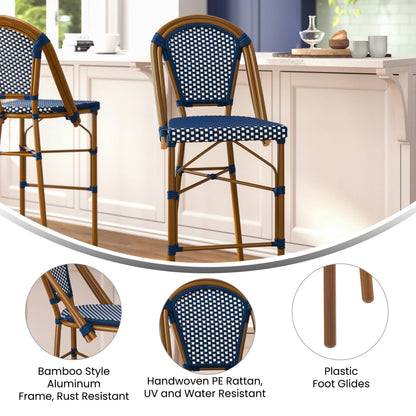 Flash Furniture SDA-AD642001-BS-NVYWH-NAT-GG All-Weather Commercial Paris Stool with Bamboo Print Metal Frame-Navy/White (Navy & White/Natural Frame) - View 3