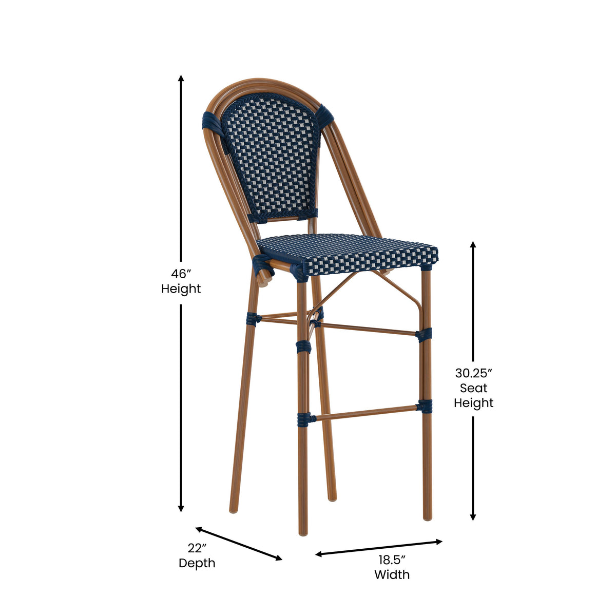 Flash Furniture SDA-AD642001-BS-NVYWH-NAT-GG All-Weather Commercial Paris Stool with Bamboo Print Metal Frame-Navy/White (Navy & White/Natural Frame) - View 4