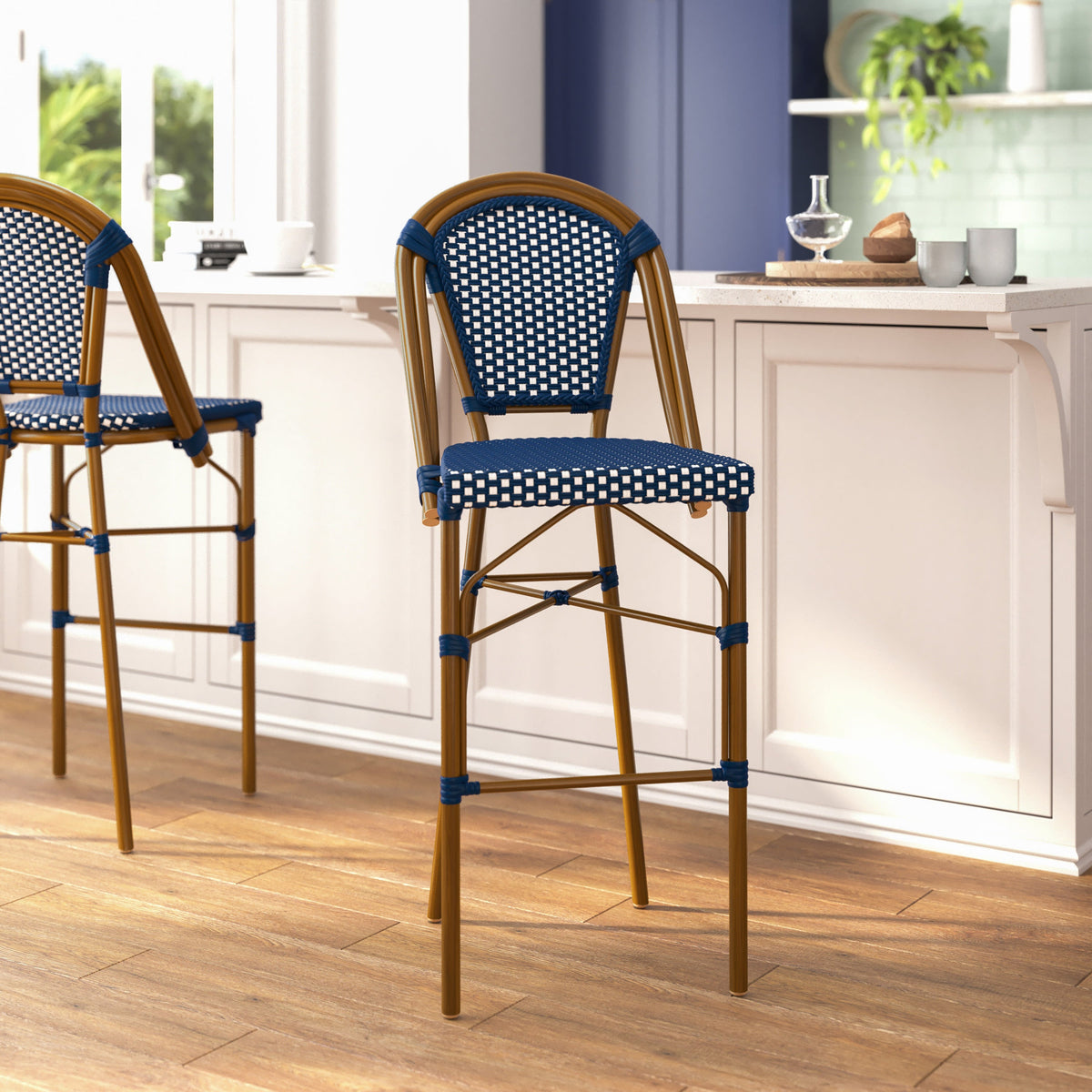 Flash Furniture SDA-AD642001-BS-NVYWH-NAT-GG All-Weather Commercial Paris Stool with Bamboo Print Metal Frame-Navy/White (Navy & White/Natural Frame) - View 5