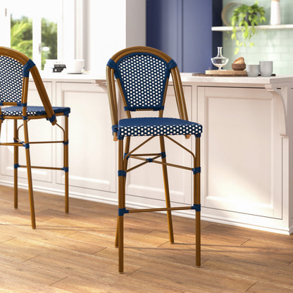 Flash Furniture SDA-AD642001-BS-NVYWH-NAT-GG All-Weather Commercial Paris Stool with Bamboo Print Metal Frame-Navy/White (Navy & White/Natural Frame) - View 5