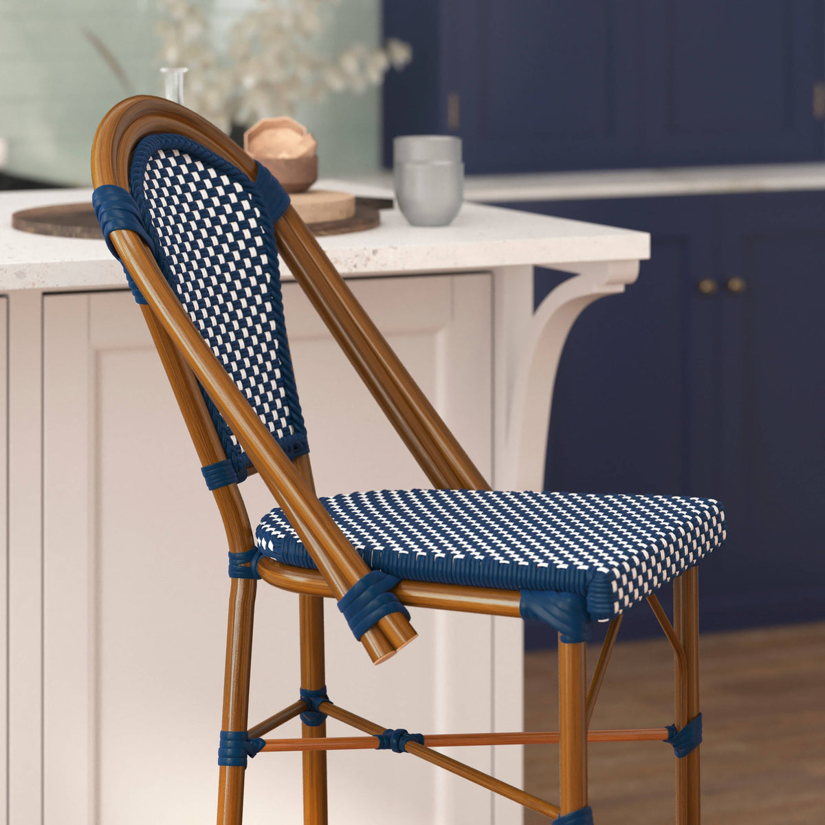 Flash Furniture SDA-AD642001-BS-NVYWH-NAT-GG All-Weather Commercial Paris Stool with Bamboo Print Metal Frame-Navy/White (Navy & White/Natural Frame) - View 6