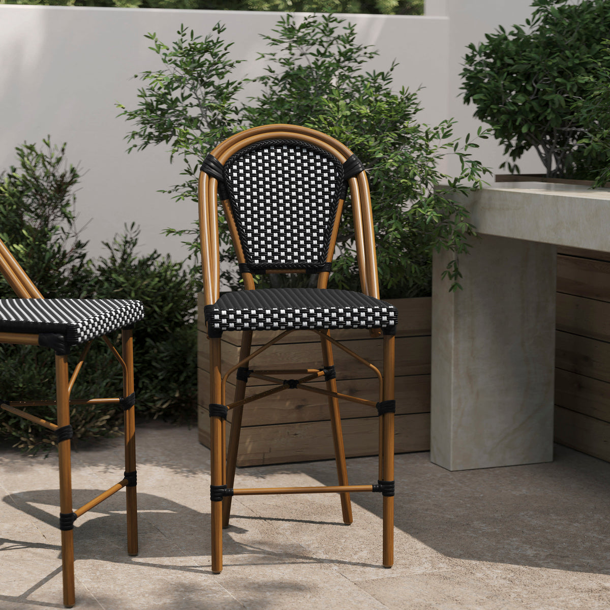 Flash Furniture SDA-AD642001-CS-BKWH-NAT-GG All-Weather Commercial Paris Stool with Bamboo Print Metal Frame-Black/White (Black & White/Natural Frame) - View 2