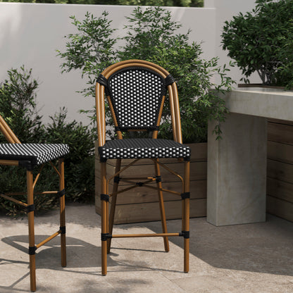 Flash Furniture SDA-AD642001-CS-BKWH-NAT-GG All-Weather Commercial Paris Stool with Bamboo Print Metal Frame-Black/White (Black & White/Natural Frame) - View 2