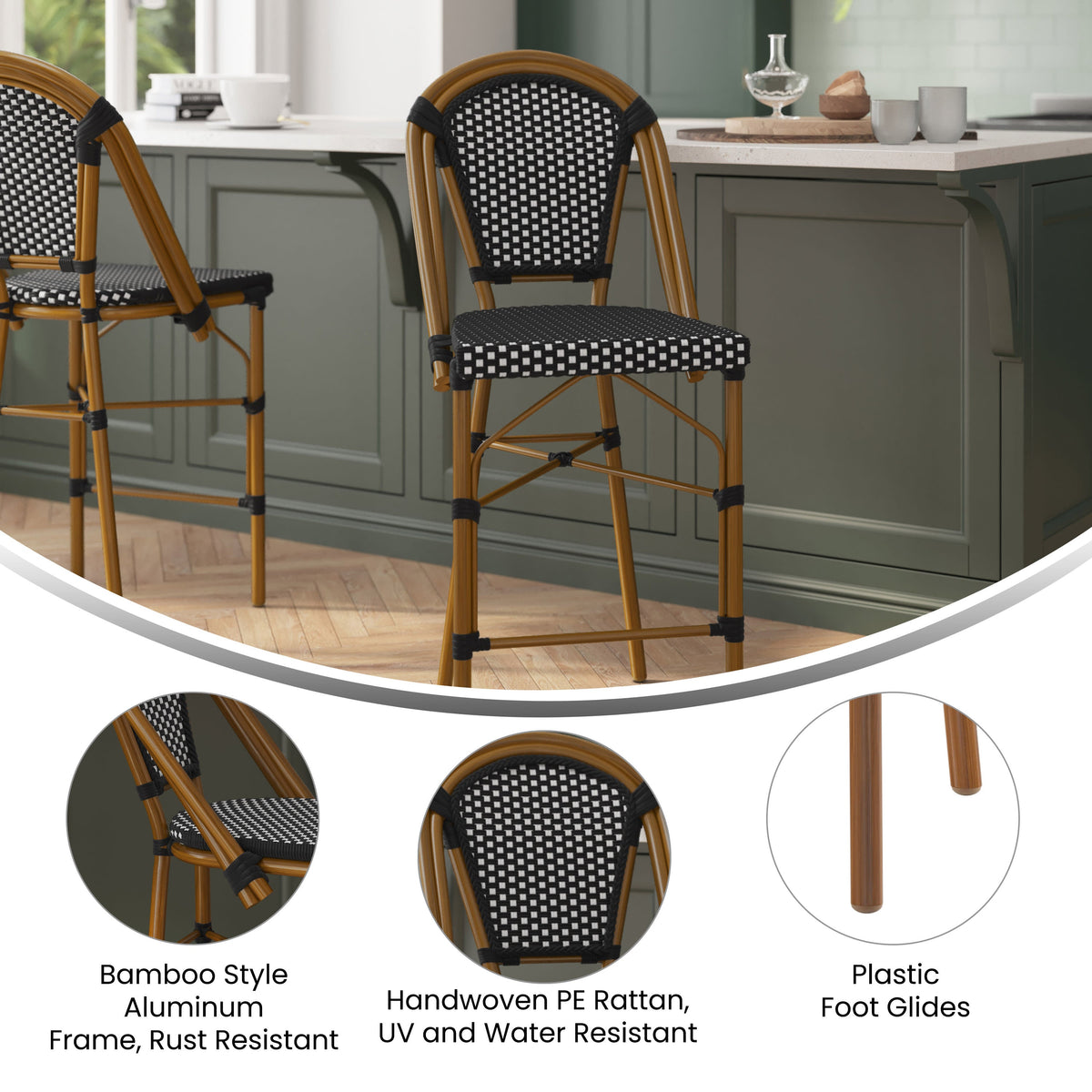 Flash Furniture SDA-AD642001-CS-BKWH-NAT-GG All-Weather Commercial Paris Stool with Bamboo Print Metal Frame-Black/White (Black & White/Natural Frame) - View 3