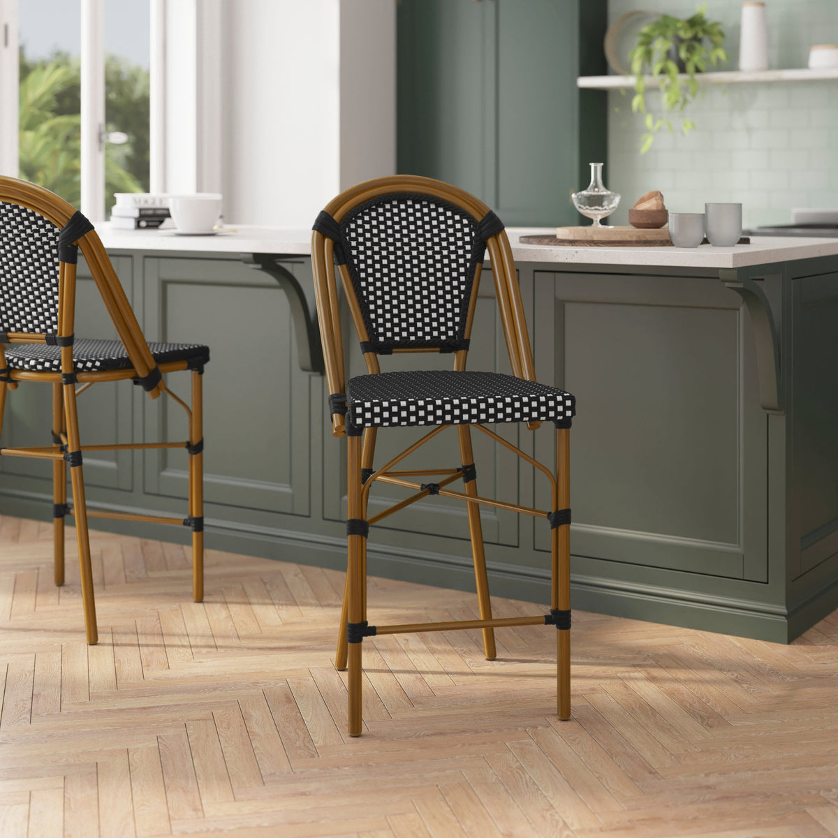 Flash Furniture SDA-AD642001-CS-BKWH-NAT-GG All-Weather Commercial Paris Stool with Bamboo Print Metal Frame-Black/White (Black & White/Natural Frame) - View 5