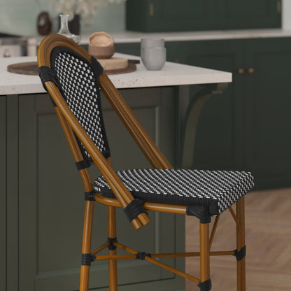 Flash Furniture SDA-AD642001-CS-BKWH-NAT-GG All-Weather Commercial Paris Stool with Bamboo Print Metal Frame-Black/White (Black & White/Natural Frame) - View 6