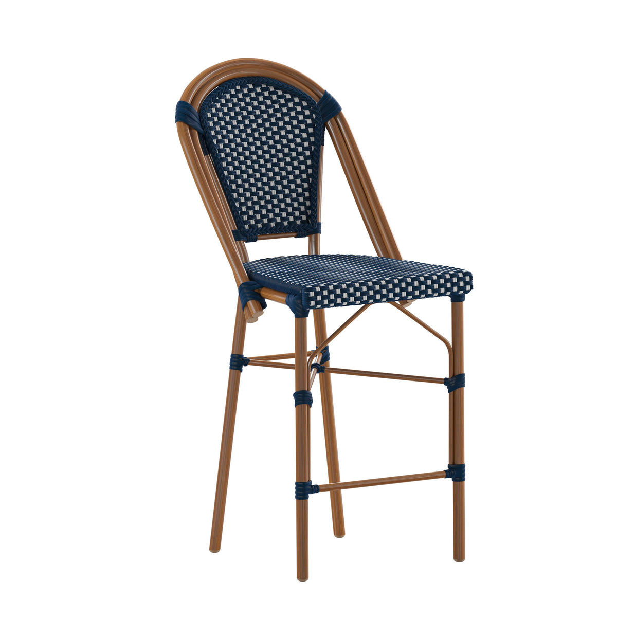 Flash Furniture SDA-AD642001-CS-NVYWH-NAT-GG All-Weather Commercial Paris Stool with Bamboo Print Metal Frame-Navy/White (Navy & White/Natural Frame) - Main view