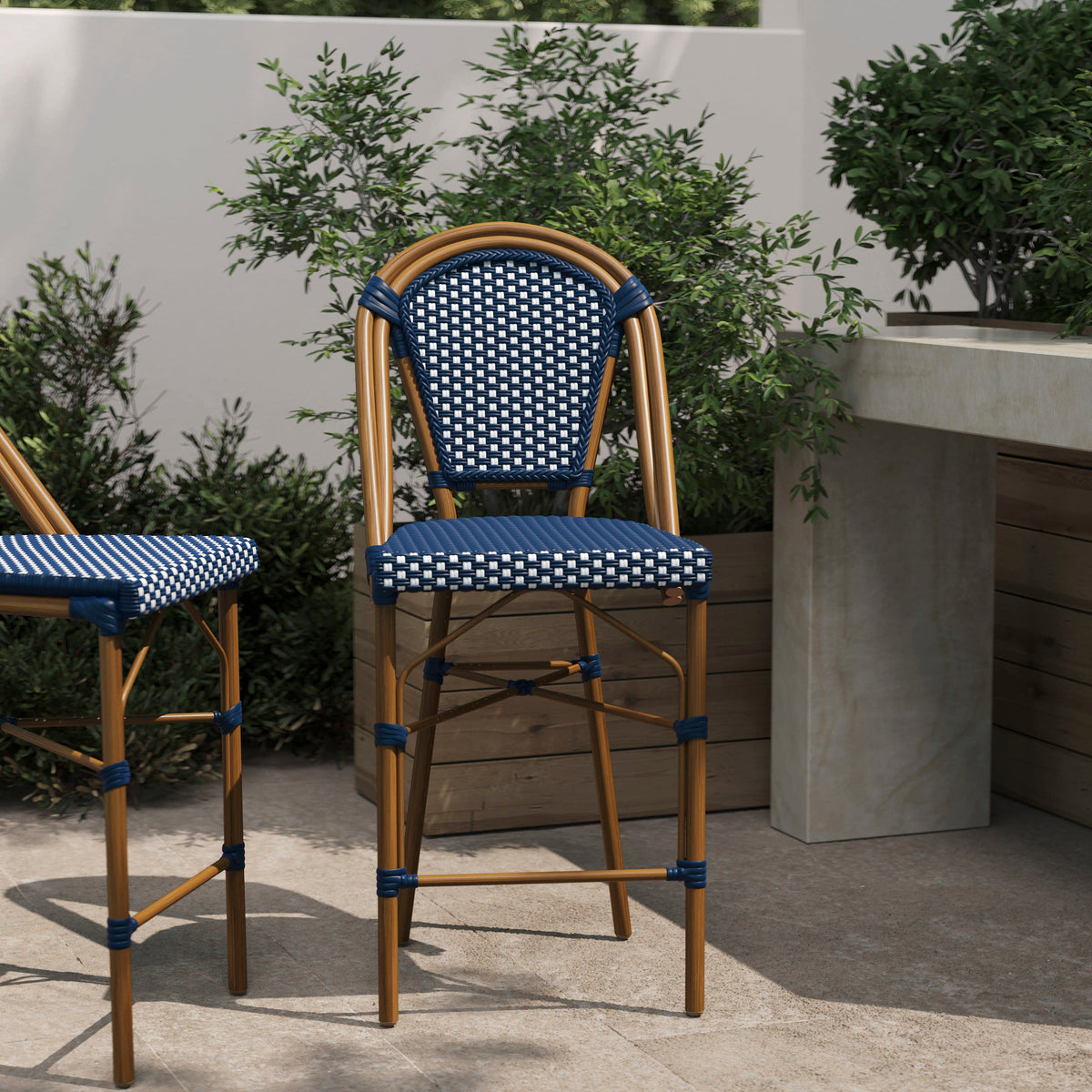 Flash Furniture SDA-AD642001-CS-NVYWH-NAT-GG All-Weather Commercial Paris Stool with Bamboo Print Metal Frame-Navy/White (Navy & White/Natural Frame) - View 2