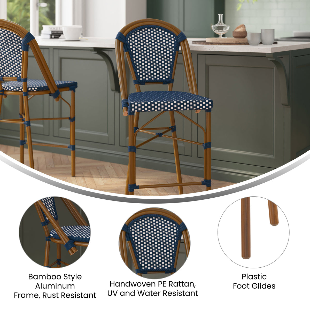 Flash Furniture SDA-AD642001-CS-NVYWH-NAT-GG All-Weather Commercial Paris Stool with Bamboo Print Metal Frame-Navy/White (Navy & White/Natural Frame) - View 3