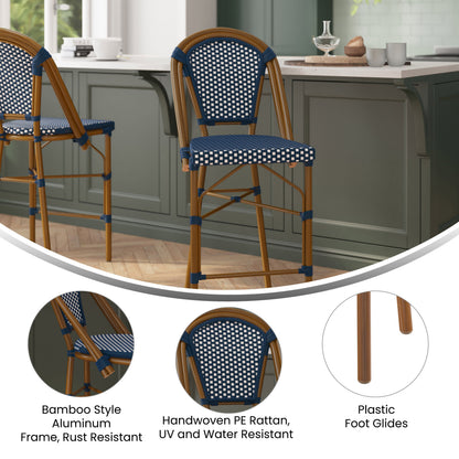 Flash Furniture SDA-AD642001-CS-NVYWH-NAT-GG All-Weather Commercial Paris Stool with Bamboo Print Metal Frame-Navy/White (Navy & White/Natural Frame) - View 3