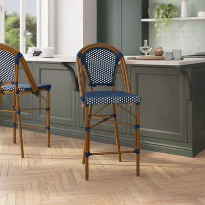 Flash Furniture SDA-AD642001-CS-NVYWH-NAT-GG All-Weather Commercial Paris Stool with Bamboo Print Metal Frame-Navy/White (Navy & White/Natural Frame) - View 5