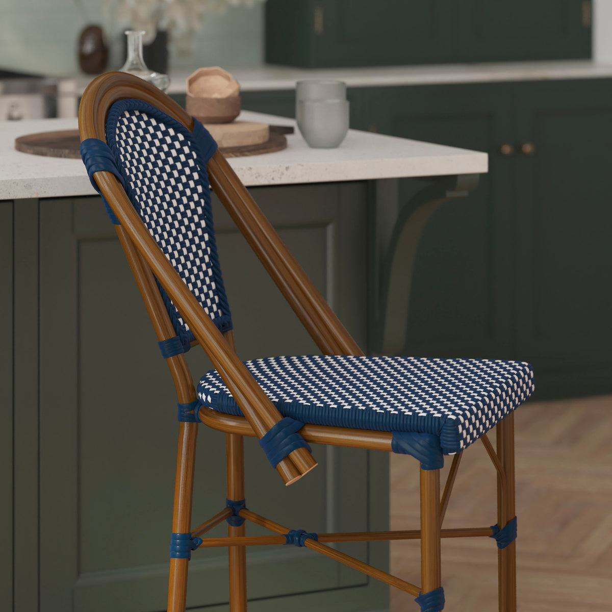 Flash Furniture SDA-AD642001-CS-NVYWH-NAT-GG All-Weather Commercial Paris Stool with Bamboo Print Metal Frame-Navy/White (Navy & White/Natural Frame) - View 6