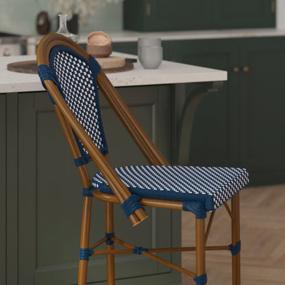 Flash Furniture SDA-AD642001-CS-NVYWH-NAT-GG All-Weather Commercial Paris Stool with Bamboo Print Metal Frame-Navy/White (Navy & White/Natural Frame) - View 6
