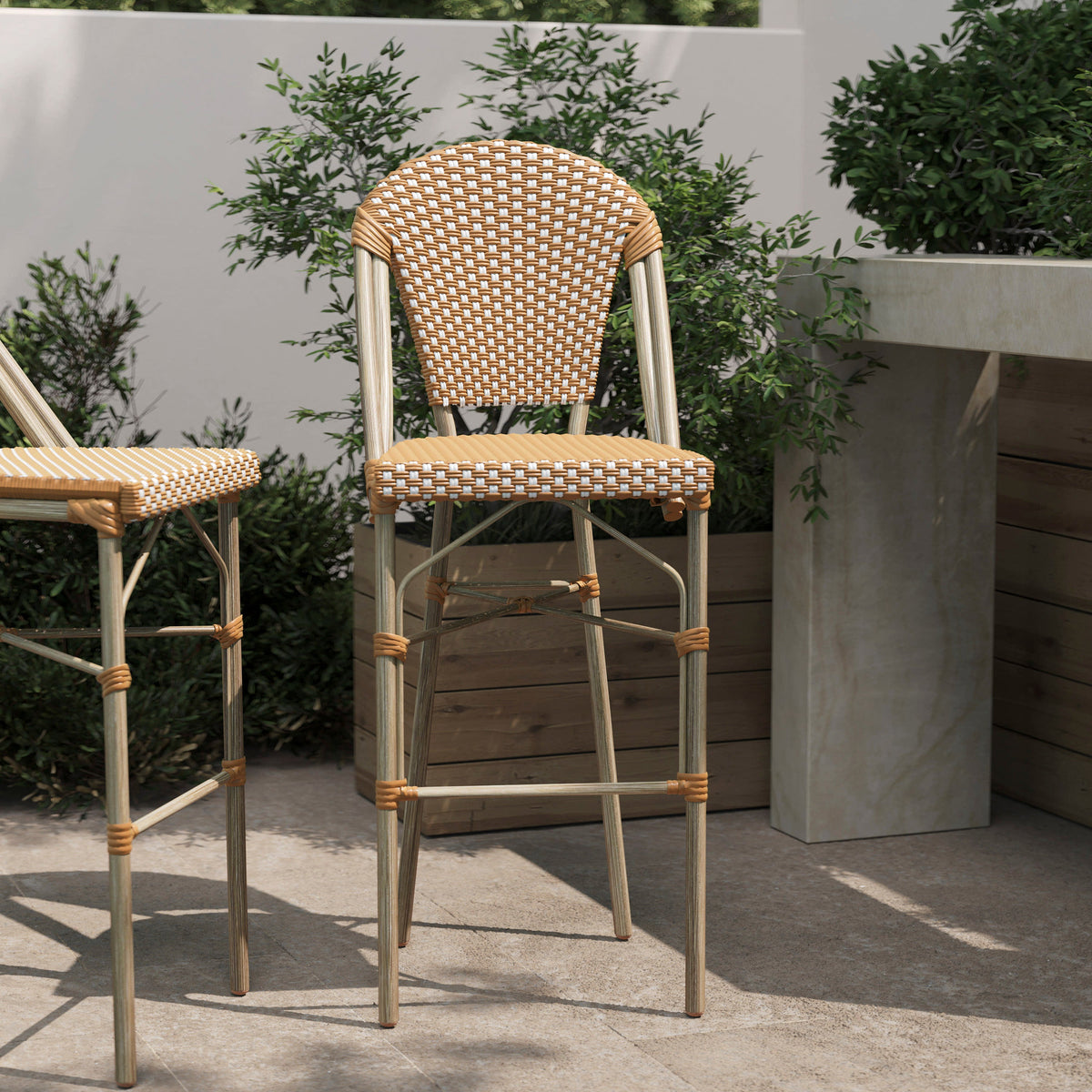 Flash Furniture SDA-AD642001-F-BS-NATWH-LTNAT-GG All-Weather Commercial Paris Chair with Bamboo Print Metal Frame-Natural/White (Natural & White/Light Natural Frame) - View 2