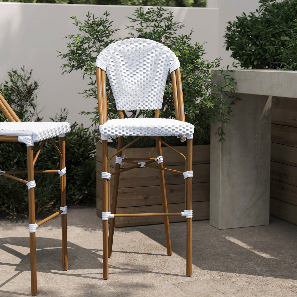 Flash Furniture SDA-AD642001-F-BS-WHGY-NAT-GG All-Weather Commercial Paris 30" Stool with Bamboo Print Metal Frame-White/Gray (White & Gray/Natural Frame) - View 2