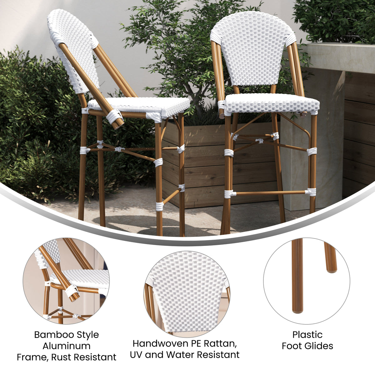 Flash Furniture SDA-AD642001-F-BS-WHGY-NAT-GG All-Weather Commercial Paris 30" Stool with Bamboo Print Metal Frame-White/Gray (White & Gray/Natural Frame) - View 3