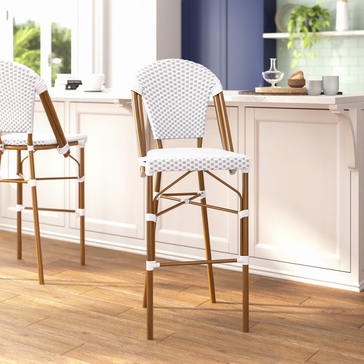 Flash Furniture SDA-AD642001-F-BS-WHGY-NAT-GG All-Weather Commercial Paris 30" Stool with Bamboo Print Metal Frame-White/Gray (White & Gray/Natural Frame) - View 5