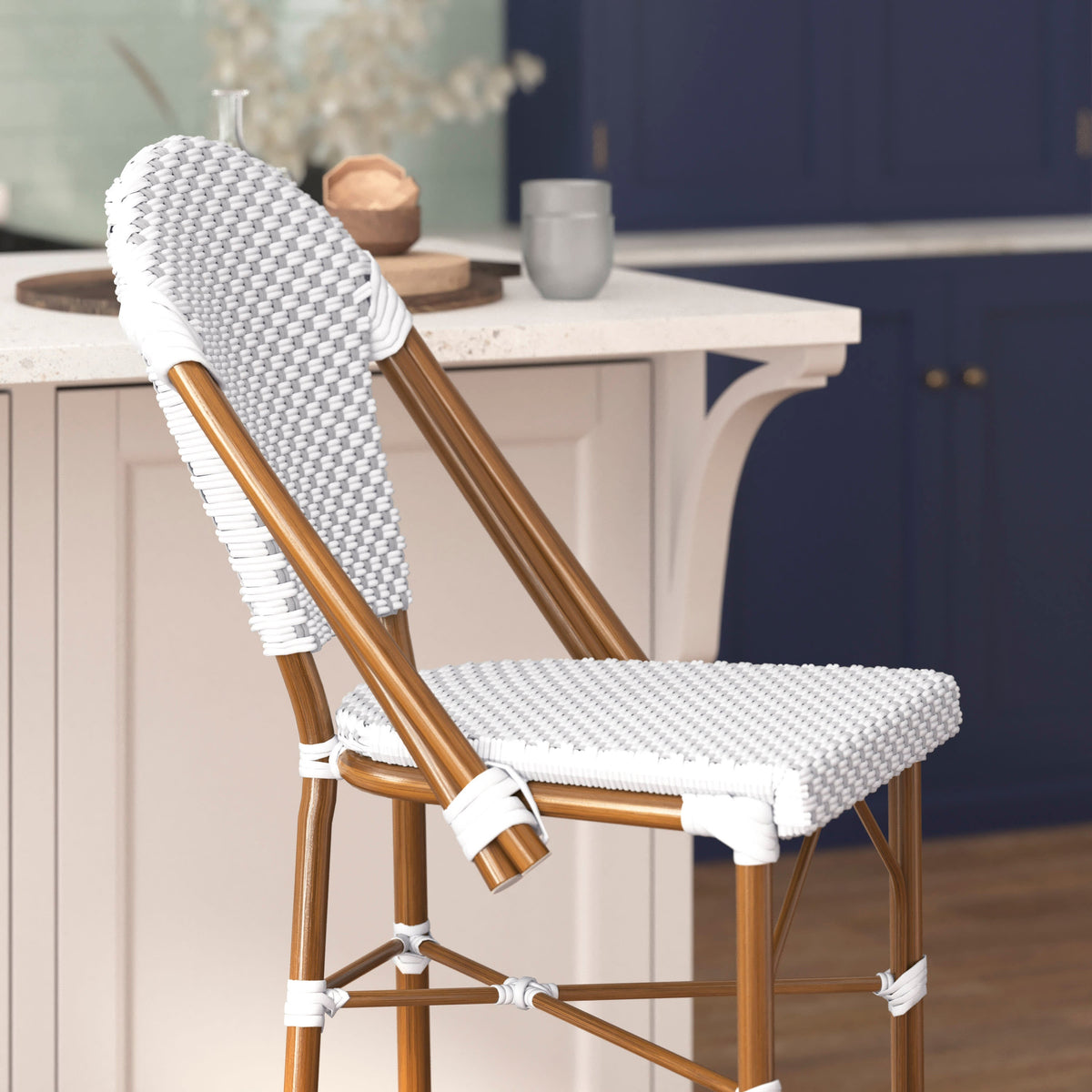 Flash Furniture SDA-AD642001-F-BS-WHGY-NAT-GG All-Weather Commercial Paris 30" Stool with Bamboo Print Metal Frame-White/Gray (White & Gray/Natural Frame) - View 6
