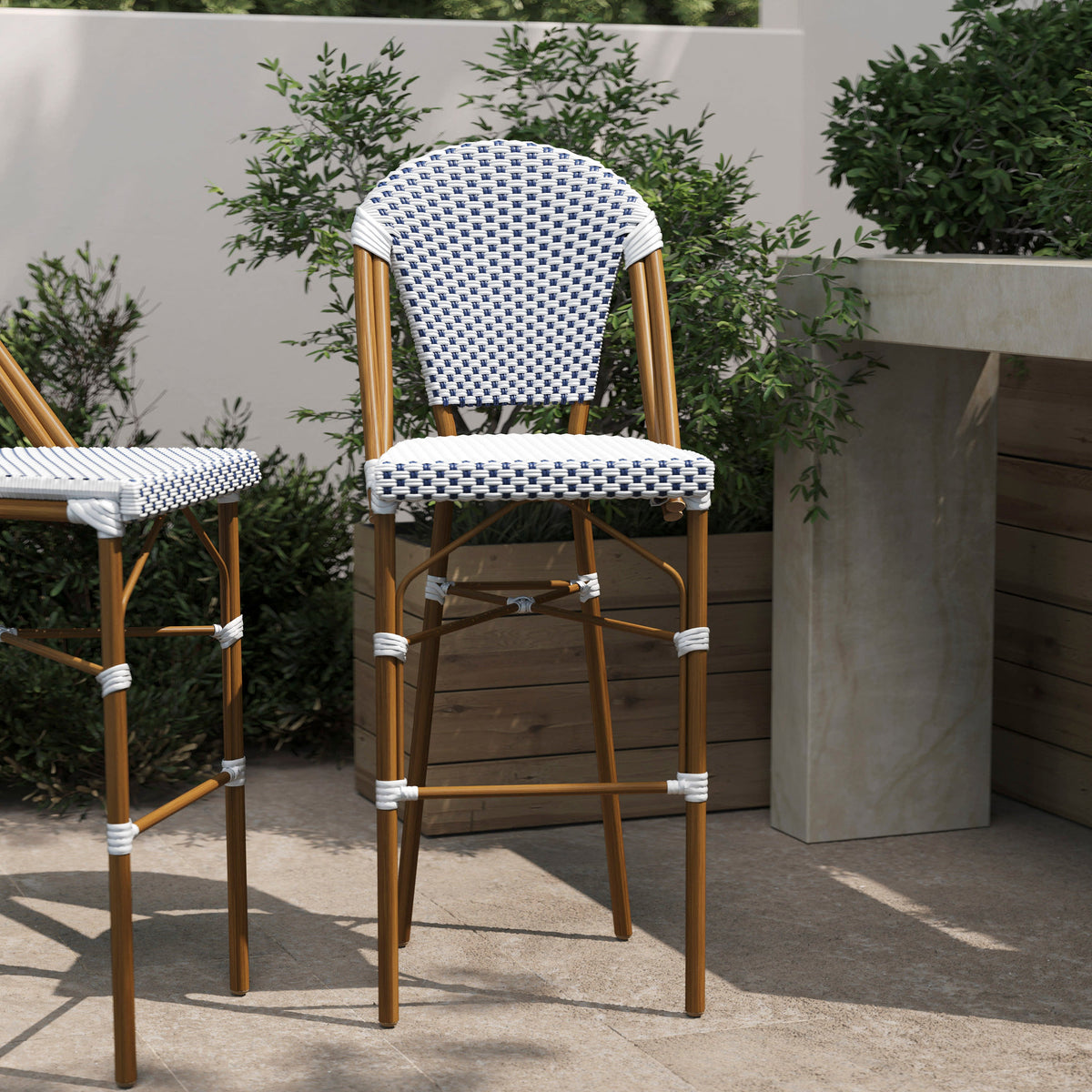Flash Furniture SDA-AD642001-F-BS-WHNVY-NAT-GG All-Weather Commercial Paris Chair with Bamboo Print Metal Frame-White/Navy (White & Navy/Natural Frame) - View 2