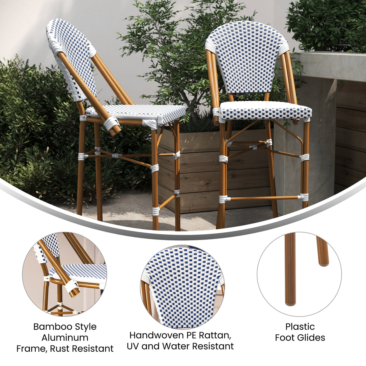 Flash Furniture SDA-AD642001-F-BS-WHNVY-NAT-GG All-Weather Commercial Paris Chair with Bamboo Print Metal Frame-White/Navy (White & Navy/Natural Frame) - View 3
