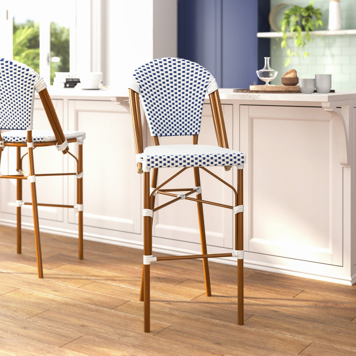 Flash Furniture SDA-AD642001-F-BS-WHNVY-NAT-GG All-Weather Commercial Paris Chair with Bamboo Print Metal Frame-White/Navy (White & Navy/Natural Frame) - View 5