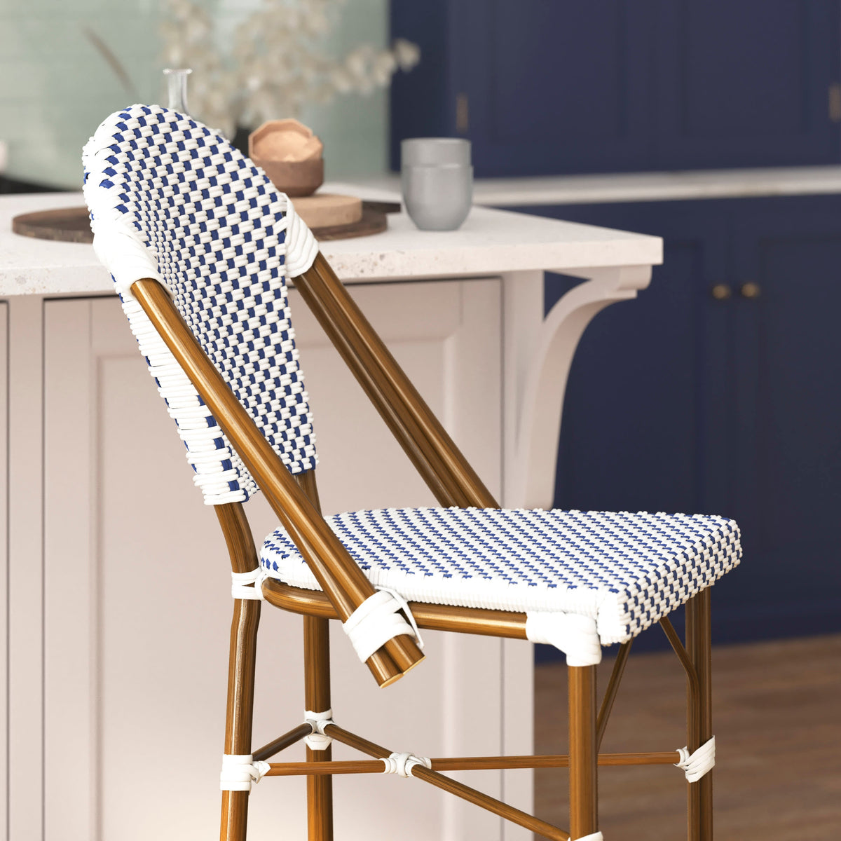 Flash Furniture SDA-AD642001-F-BS-WHNVY-NAT-GG All-Weather Commercial Paris Chair with Bamboo Print Metal Frame-White/Navy (White & Navy/Natural Frame) - View 6