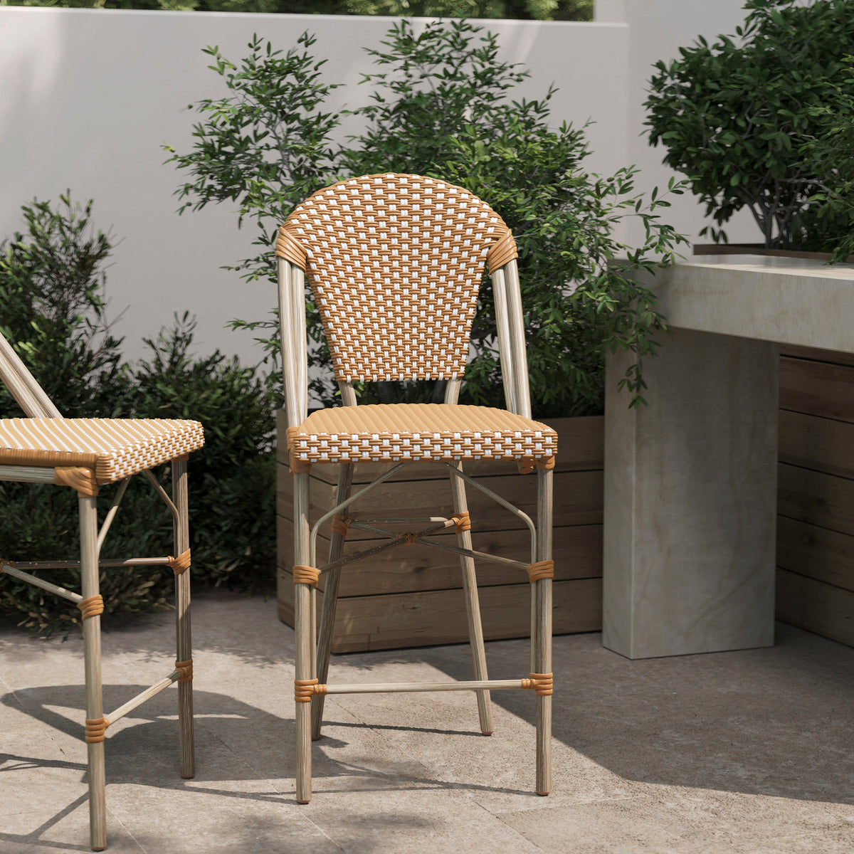 Flash Furniture SDA-AD642001-F-CS-NATWH-LTNAT-GG All-Weather Commercial Paris Chair with Bamboo Print Metal Frame-Natural/White (Natural & White/Light Natural Frame) - View 2