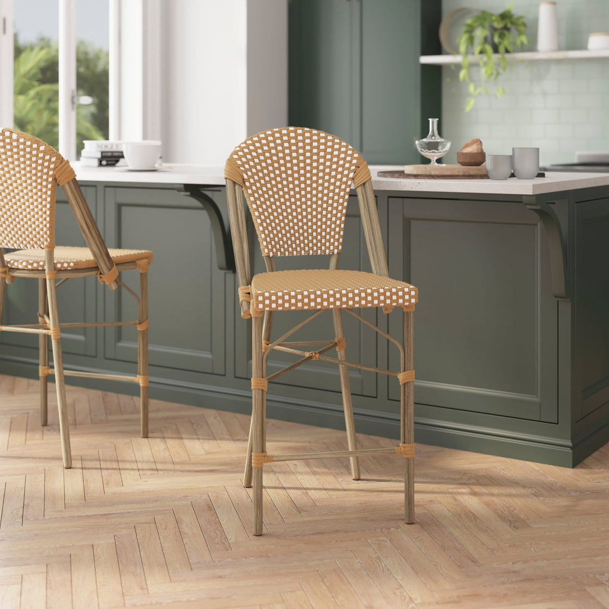 Flash Furniture SDA-AD642001-F-CS-NATWH-LTNAT-GG All-Weather Commercial Paris Chair with Bamboo Print Metal Frame-Natural/White (Natural & White/Light Natural Frame) - View 5