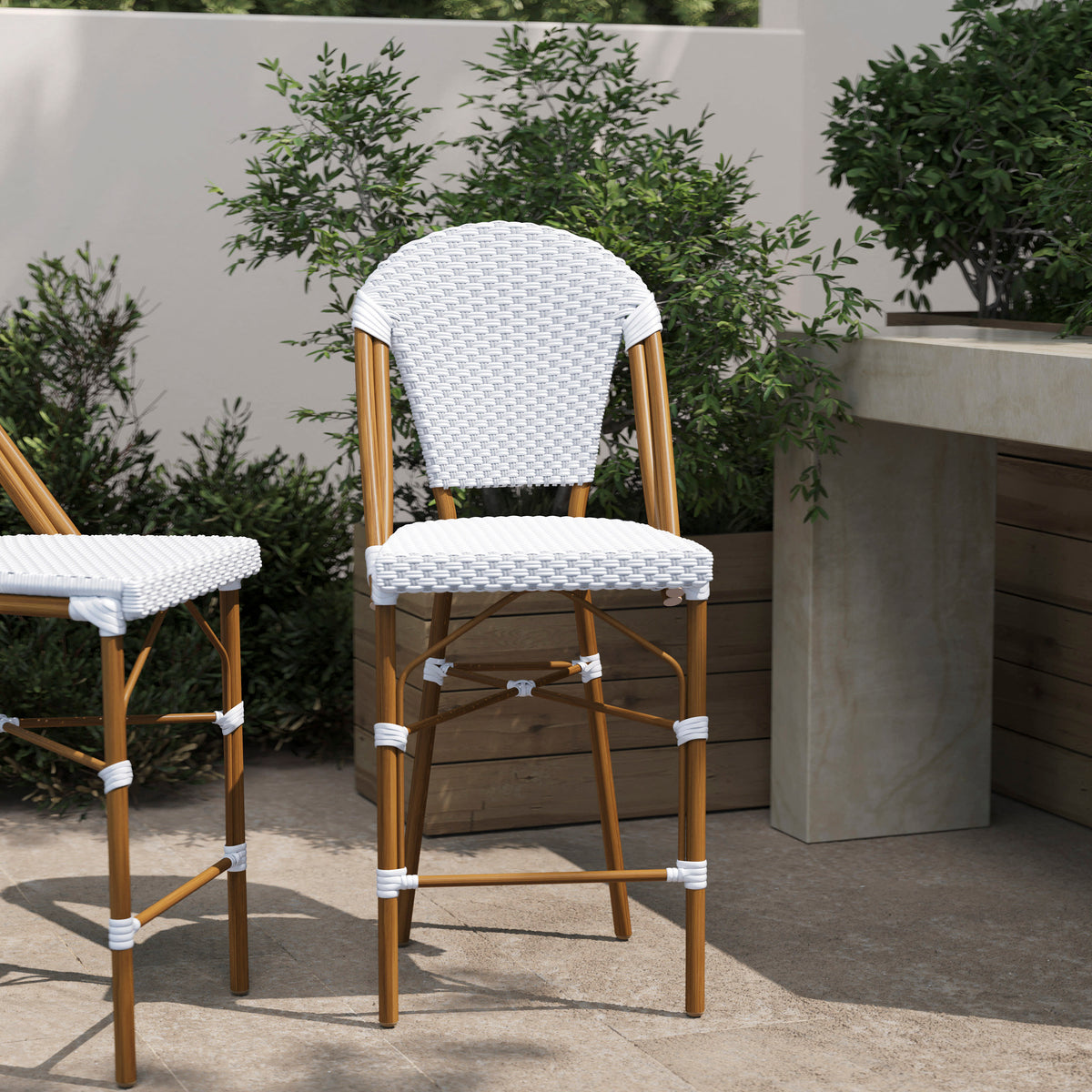 Flash Furniture SDA-AD642001-F-CS-WHGY-NAT-GG All-Weather Commercial Paris 26" Stool with Bamboo Print Metal Frame-White/Gray (White & Gray/Natural Frame) - View 2