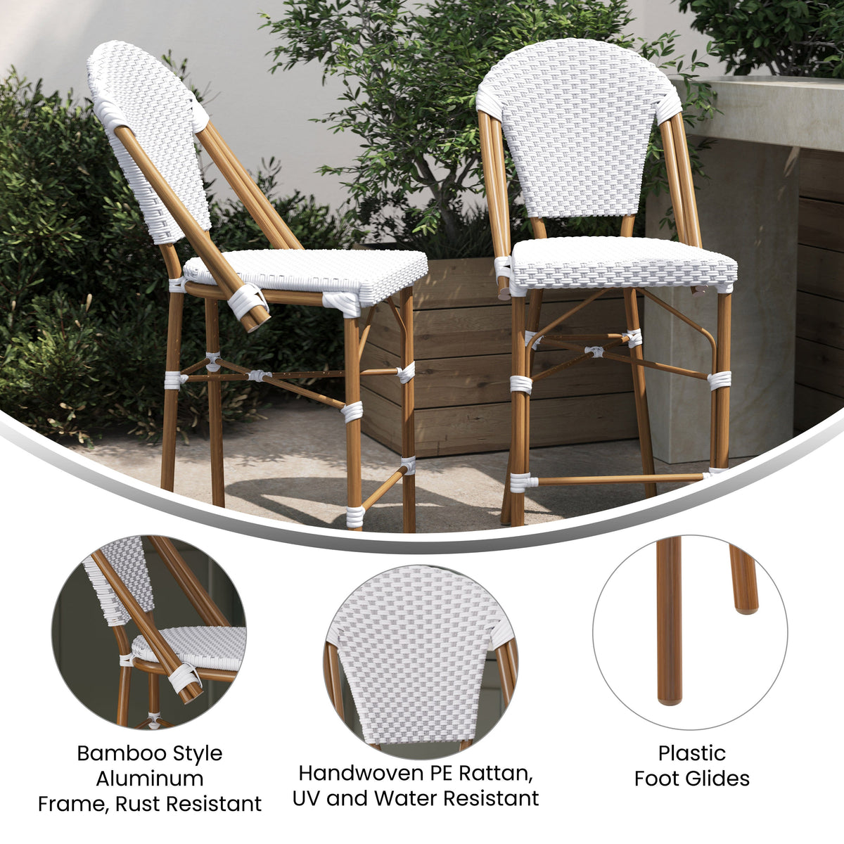 Flash Furniture SDA-AD642001-F-CS-WHGY-NAT-GG All-Weather Commercial Paris 26" Stool with Bamboo Print Metal Frame-White/Gray (White & Gray/Natural Frame) - View 3
