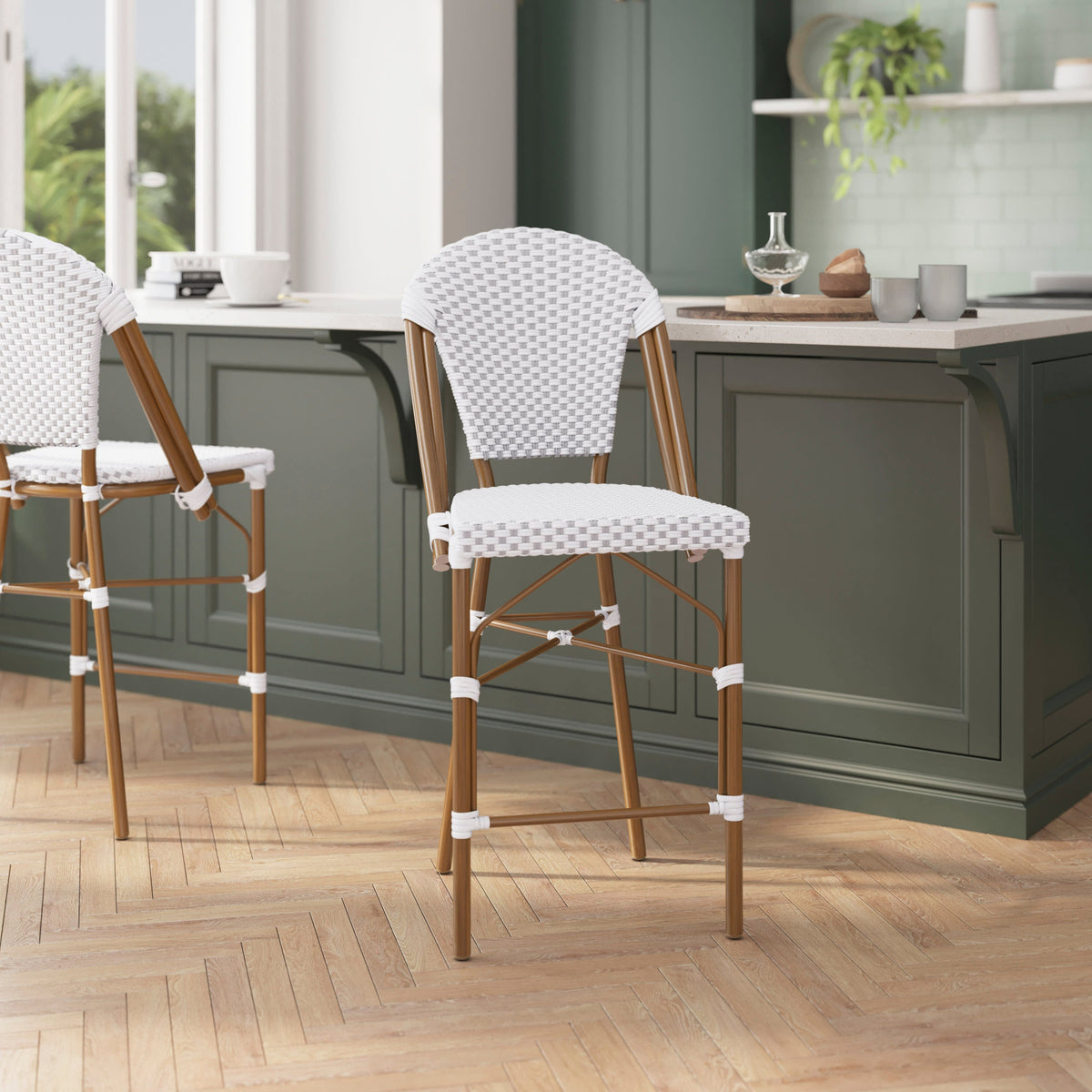 Flash Furniture SDA-AD642001-F-CS-WHGY-NAT-GG All-Weather Commercial Paris 26" Stool with Bamboo Print Metal Frame-White/Gray (White & Gray/Natural Frame) - View 5