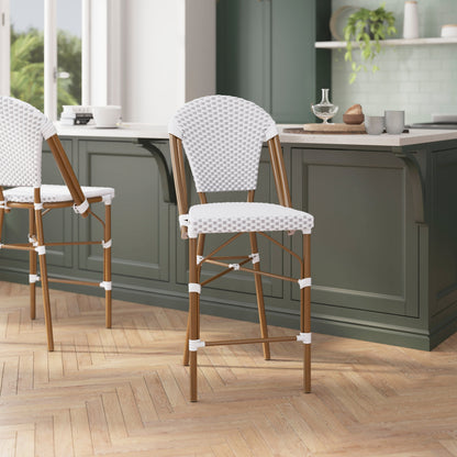 Flash Furniture SDA-AD642001-F-CS-WHGY-NAT-GG All-Weather Commercial Paris 26" Stool with Bamboo Print Metal Frame-White/Gray (White & Gray/Natural Frame) - View 5