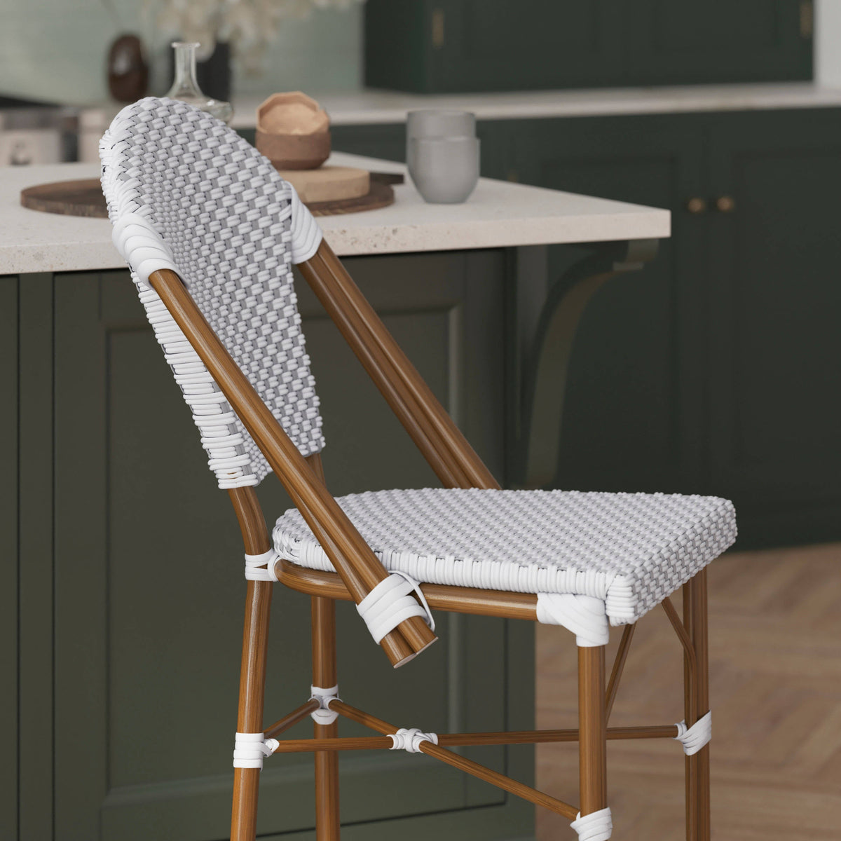 Flash Furniture SDA-AD642001-F-CS-WHGY-NAT-GG All-Weather Commercial Paris 26" Stool with Bamboo Print Metal Frame-White/Gray (White & Gray/Natural Frame) - View 6