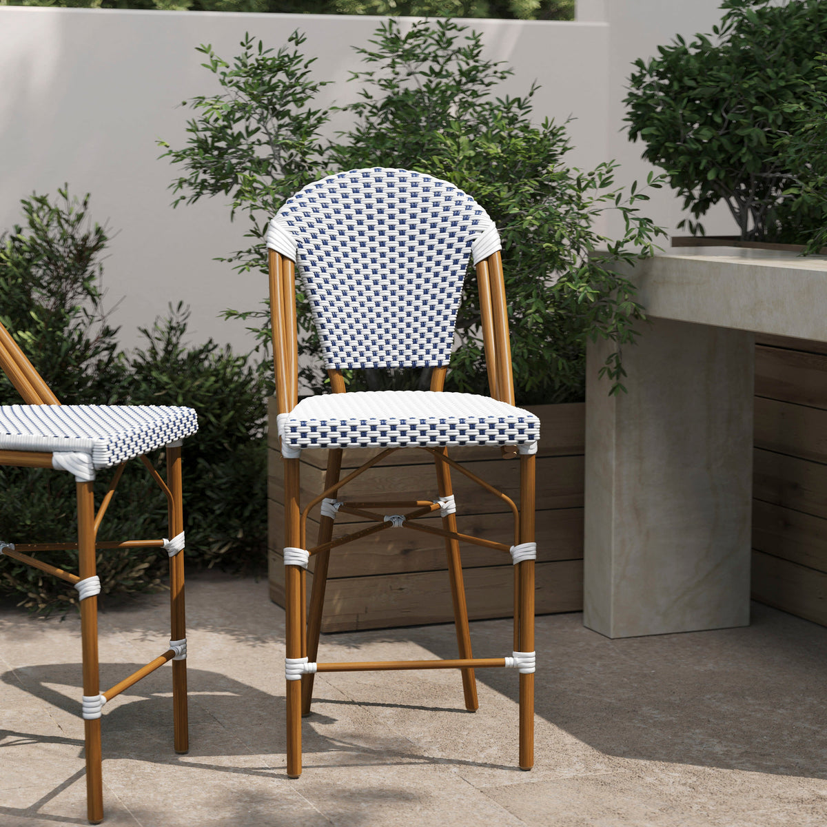 Flash Furniture SDA-AD642001-F-CS-WHNVY-NAT-GG All-Weather Commercial Paris Chair with Bamboo Print Metal Frame-White/Navy (White & Navy/Natural Frame) - View 2