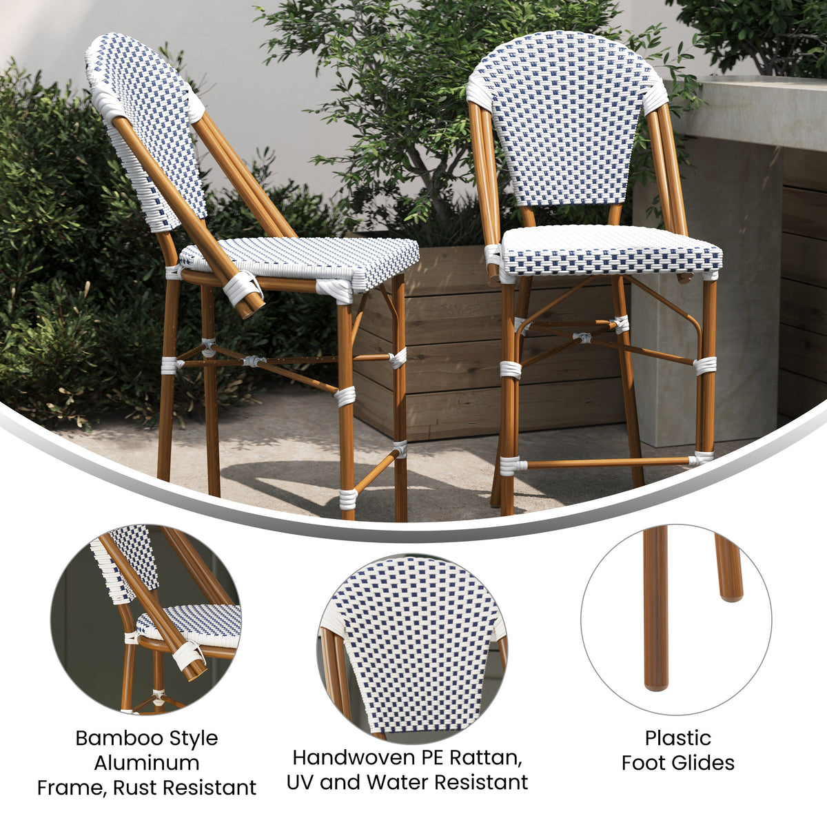 Flash Furniture SDA-AD642001-F-CS-WHNVY-NAT-GG All-Weather Commercial Paris Chair with Bamboo Print Metal Frame-White/Navy (White & Navy/Natural Frame) - View 3