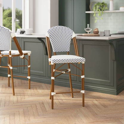 Flash Furniture SDA-AD642001-F-CS-WHNVY-NAT-GG All-Weather Commercial Paris Chair with Bamboo Print Metal Frame-White/Navy (White & Navy/Natural Frame) - View 5