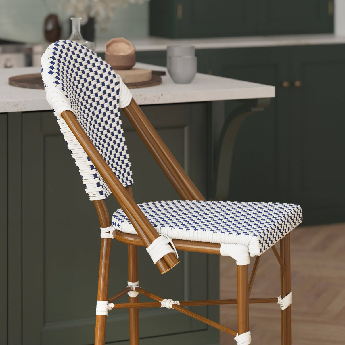 Flash Furniture SDA-AD642001-F-CS-WHNVY-NAT-GG All-Weather Commercial Paris Chair with Bamboo Print Metal Frame-White/Navy (White & Navy/Natural Frame) - View 6