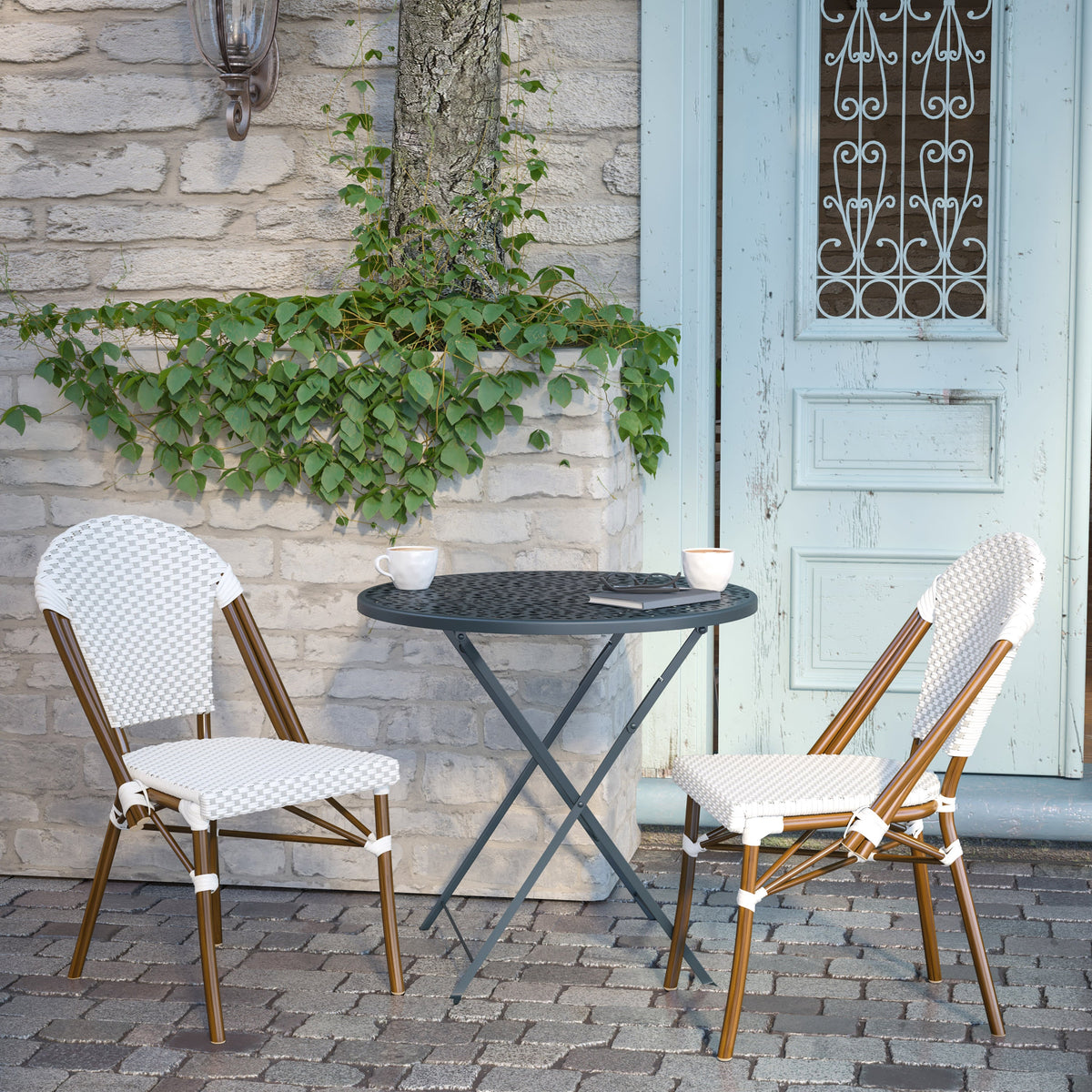 Flash Furniture SDA-AD642001-F-WHGY-NAT-GG All-Weather Commercial Paris Chair with Bamboo Print Aluminum Frame-White/Gray (White & Gray/Natural Frame) - View 5