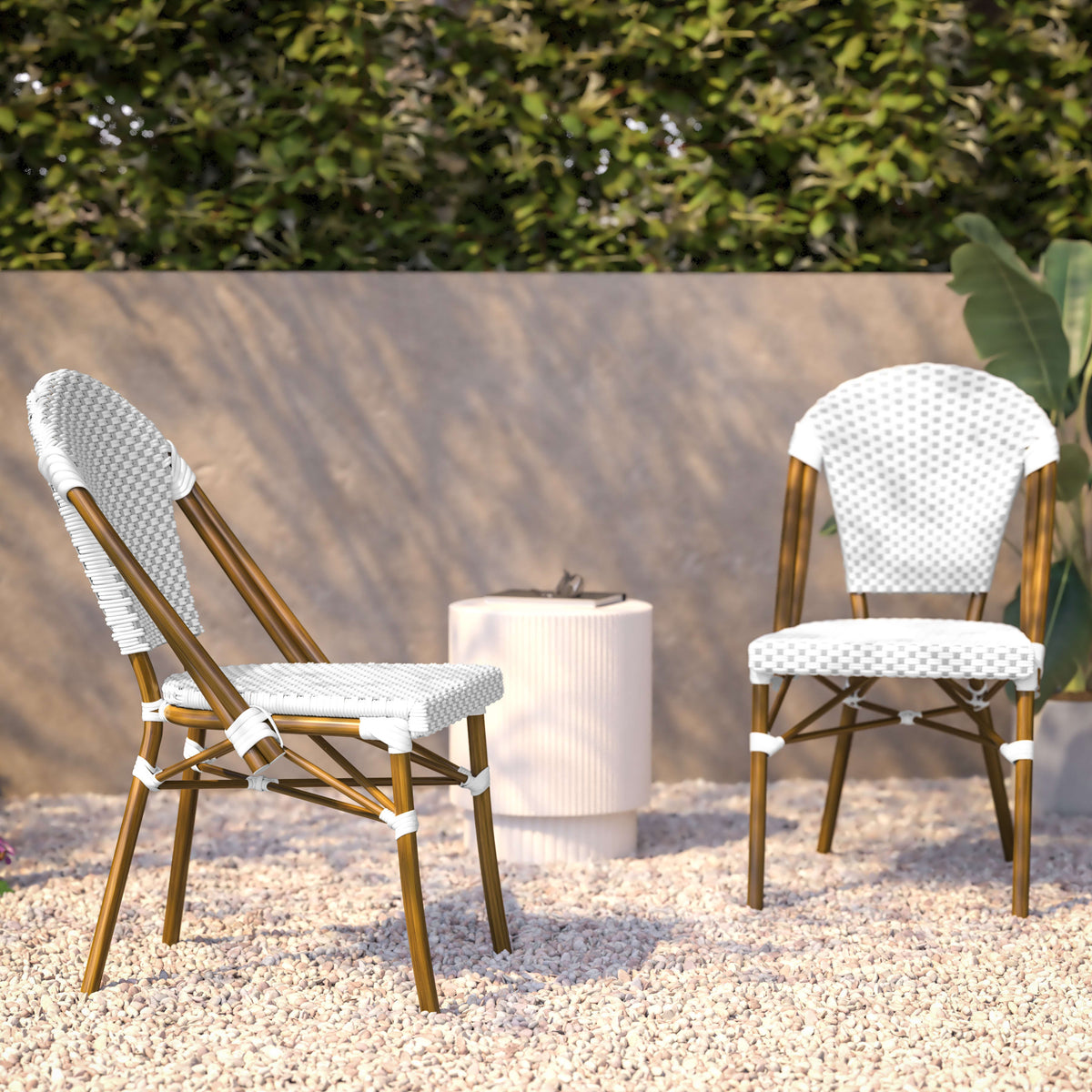 Flash Furniture SDA-AD642001-F-WHGY-NAT-GG All-Weather Commercial Paris Chair with Bamboo Print Aluminum Frame-White/Gray (White & Gray/Natural Frame) - View 6