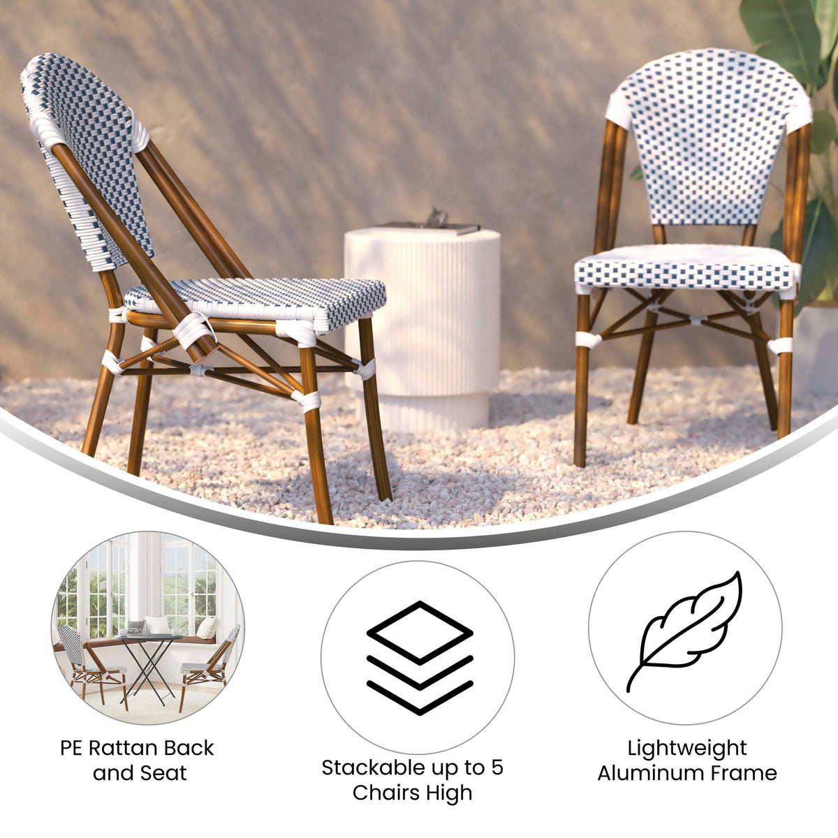 Flash Furniture SDA-AD642001-F-WHNVY-NAT-GG All-Weather Commercial Paris Chair with Bamboo Print Aluminum Frame-White/Navy (White & Navy/Natural Frame) - View 3