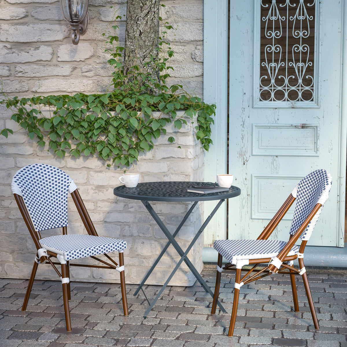 Flash Furniture SDA-AD642001-F-WHNVY-NAT-GG All-Weather Commercial Paris Chair with Bamboo Print Aluminum Frame-White/Navy (White & Navy/Natural Frame) - View 5