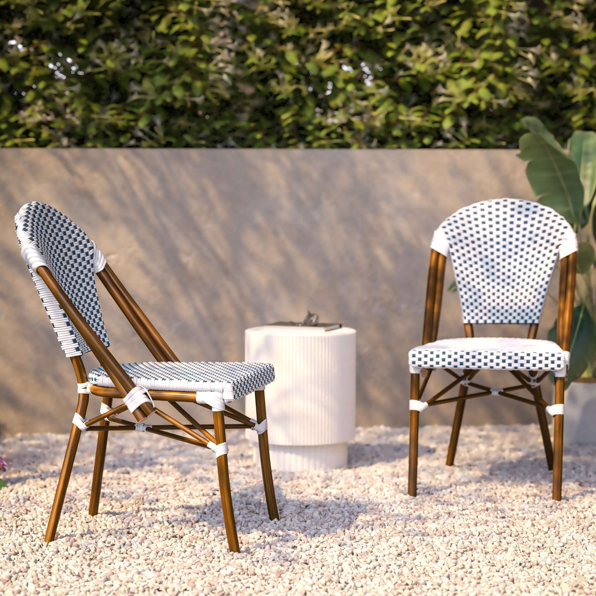 Flash Furniture SDA-AD642001-F-WHNVY-NAT-GG All-Weather Commercial Paris Chair with Bamboo Print Aluminum Frame-White/Navy (White & Navy/Natural Frame) - View 6