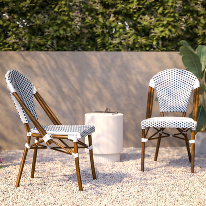Flash Furniture SDA-AD642001-F-WHNVY-NAT-GG All-Weather Commercial Paris Chair with Bamboo Print Aluminum Frame-White/Navy (White & Navy/Natural Frame) - View 6
