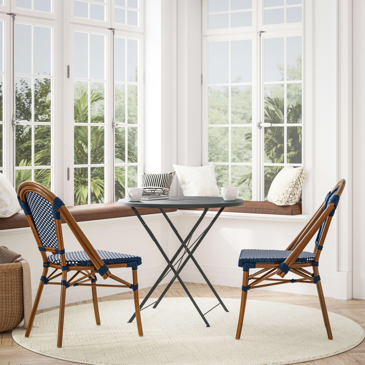 Flash Furniture SDA-AD642001-NVYWH-NAT-GG All-Weather Commercial Paris Chair with Bamboo Print Aluminum Frame-Navy/White (Navy & White/Natural Frame) - View 2