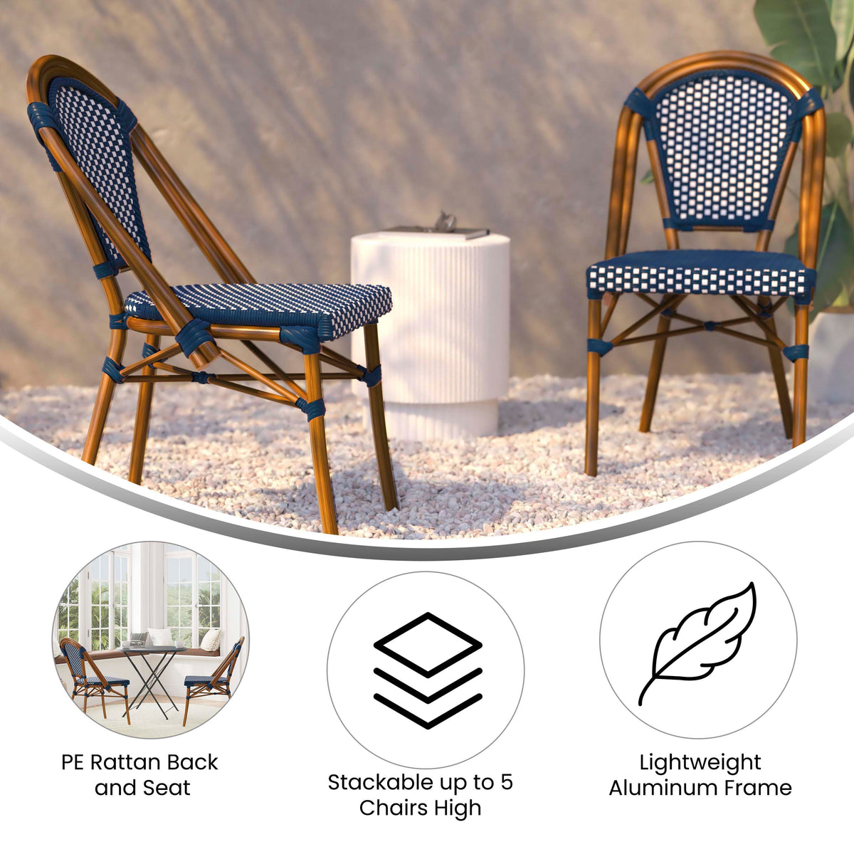 Flash Furniture SDA-AD642001-NVYWH-NAT-GG All-Weather Commercial Paris Chair with Bamboo Print Aluminum Frame-Navy/White (Navy & White/Natural Frame) - View 3